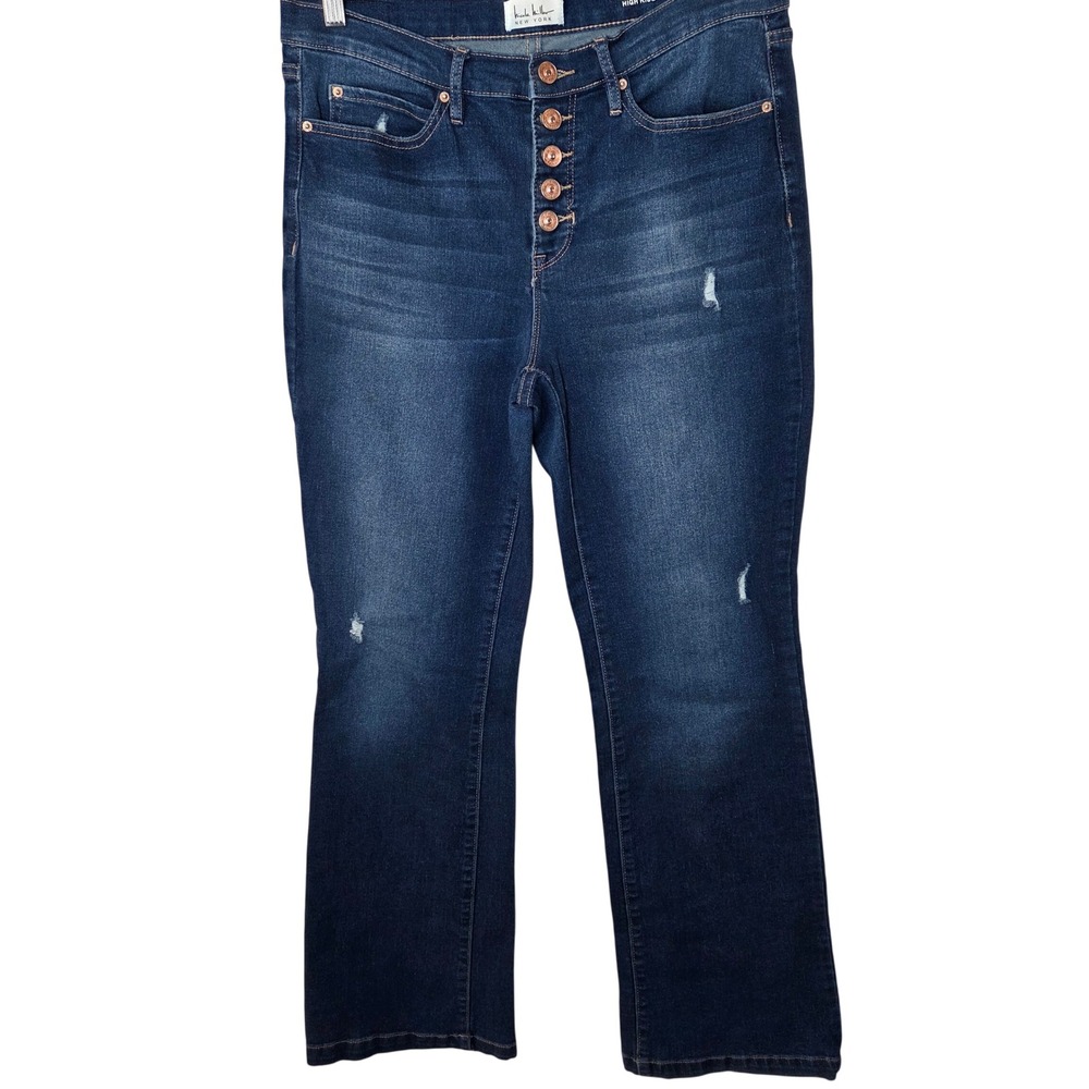 Nicole Miller Soho High Rise Bootcut Jeans Button Fly Dark‎ Wash Distressed 6